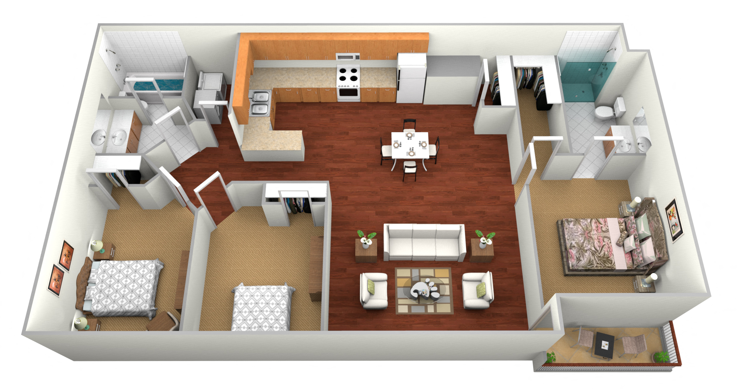 Floor plan for 3 beds, 2 baths, 1365 sqft
